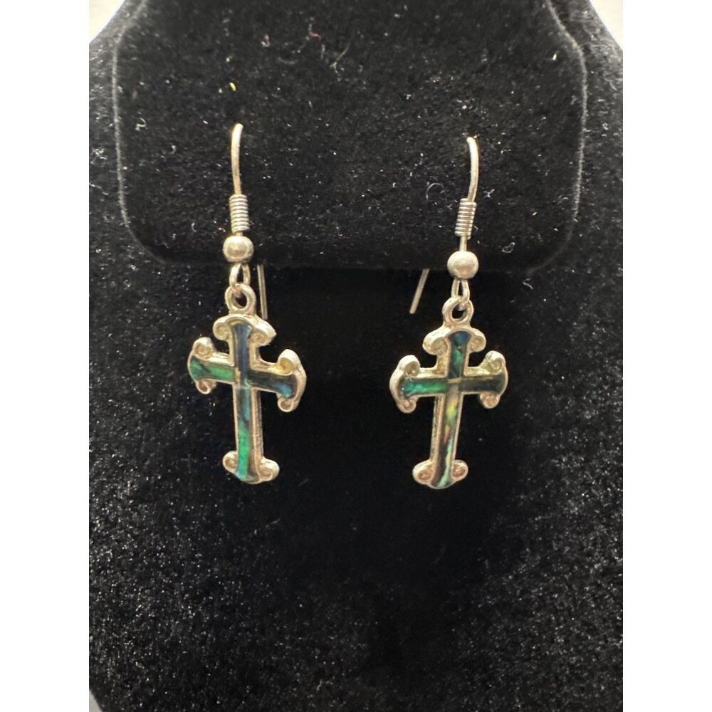 VTG Ornate Abalone Cross Dangle Earrings Unique Religious Jewelry Statement Piec